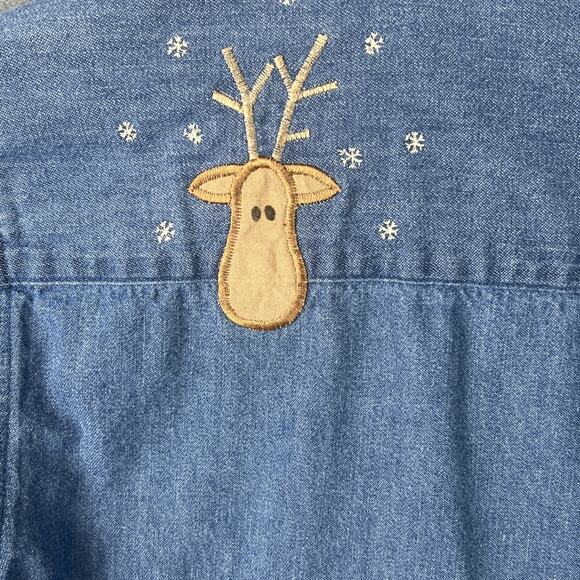 VTG Denim Embroidered Christmas Shirt Women’s Sz M Cotton Button Up Santa 90s - Picture 4 of 9